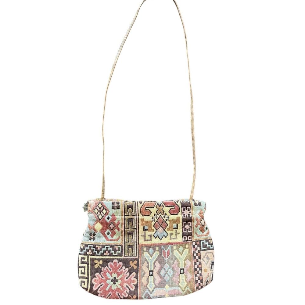 Vintage 70s Cream Pink Brown Tapestry Carpet Bag Crossbody Purse